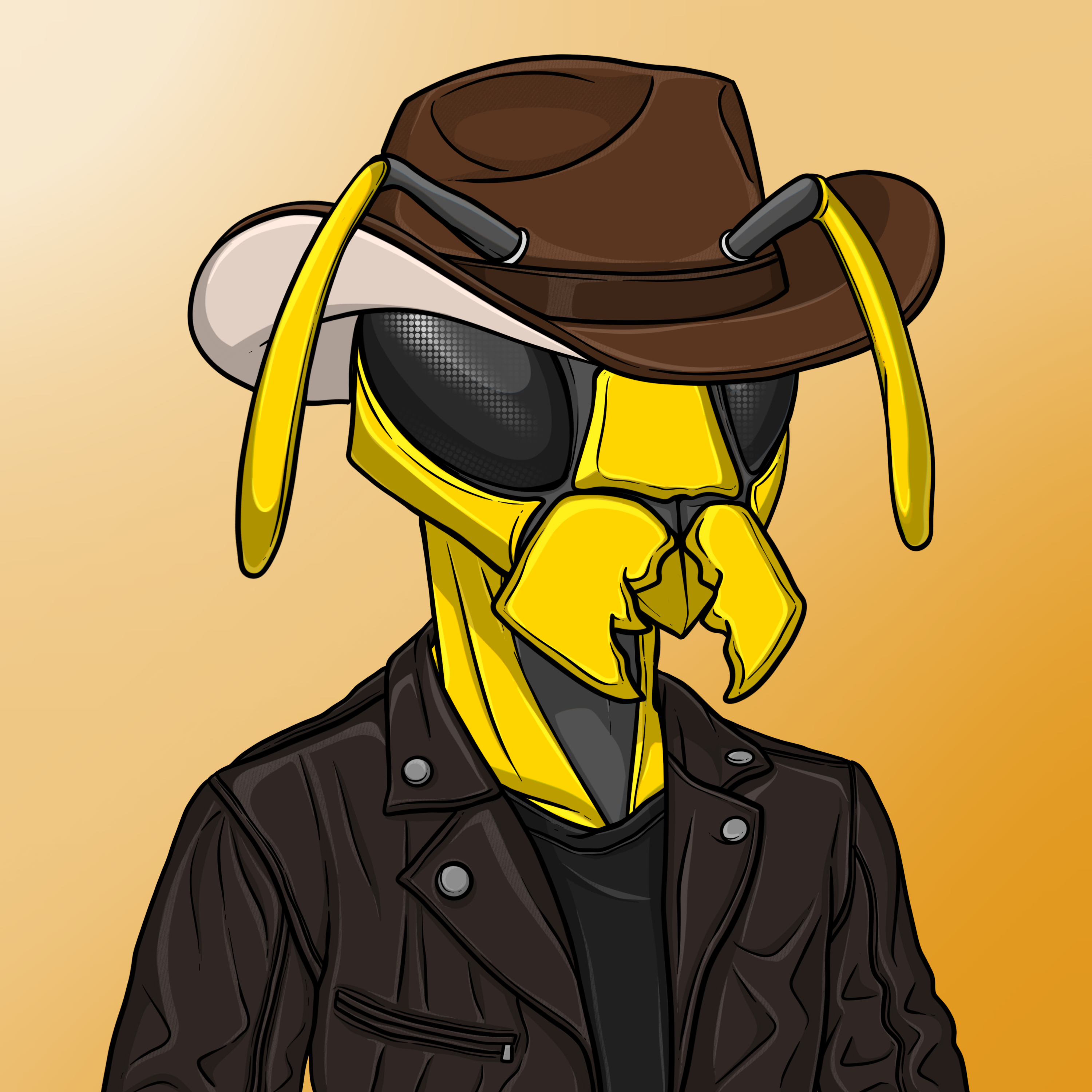 A bee with giant fangs and a cowboy hat