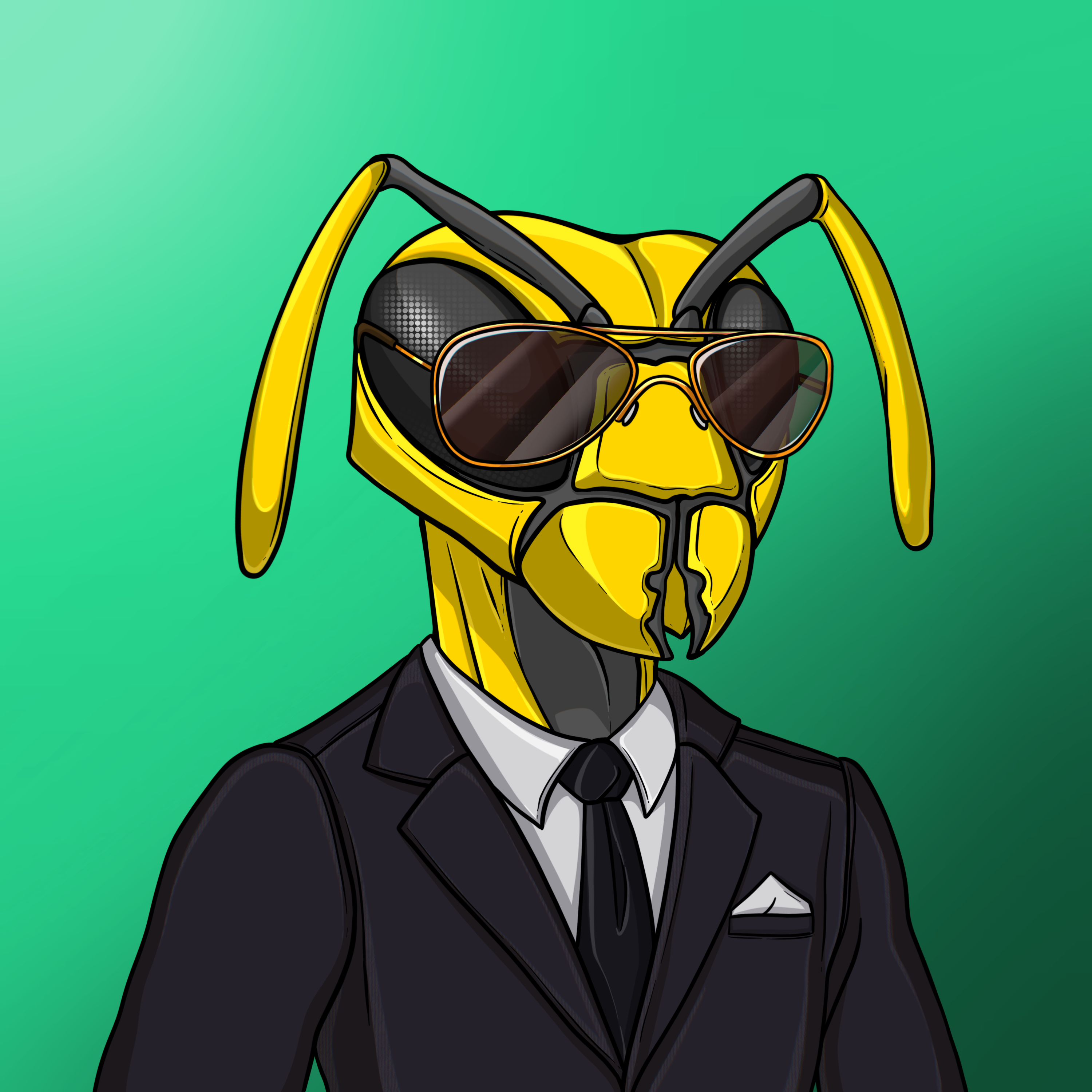 A bee with sunglasses and a business suit